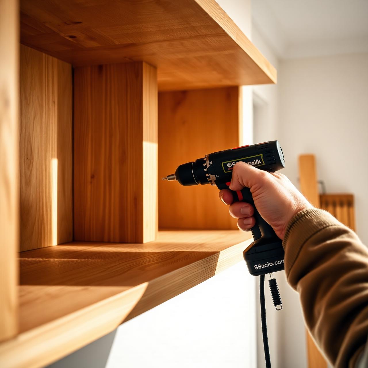 Kadey Ltd tradesperson installing a wooden shelf